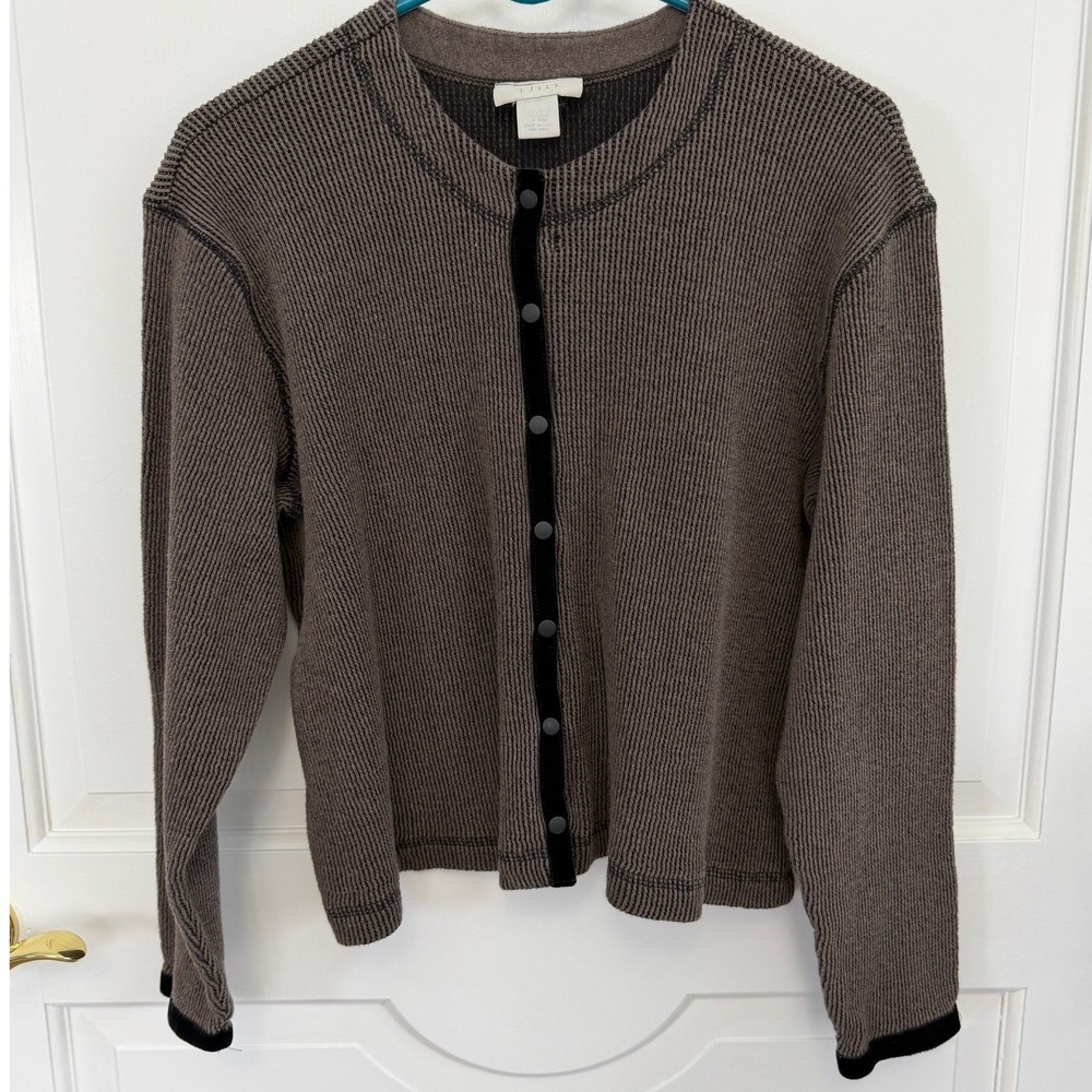 J. Jill Womens Brown Ribbed Knit Snap Front Cardigan Velvet Trim Size L Made USA
